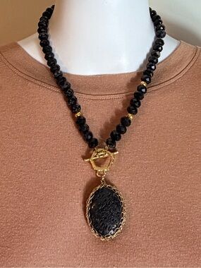 Black, Faceted Bead,Necklace; Gold-Tone Oval Statement w/ Black Oval Pendant